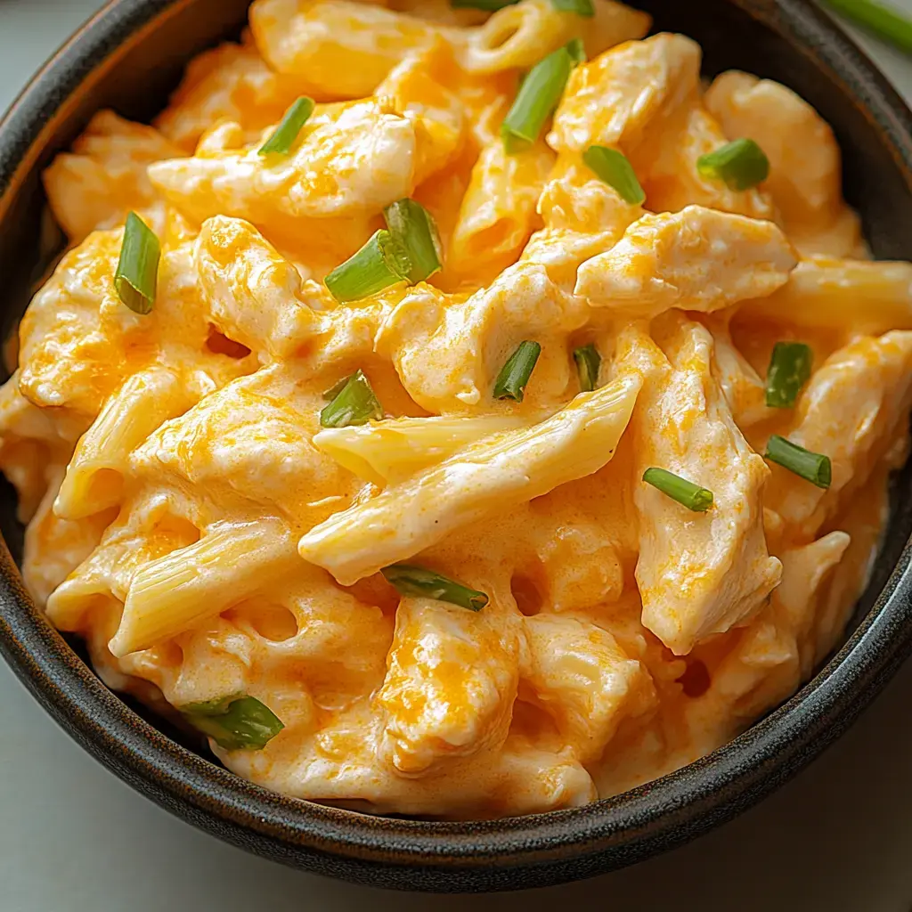 A bowl of creamy pasta topped with chopped green onions, up close.