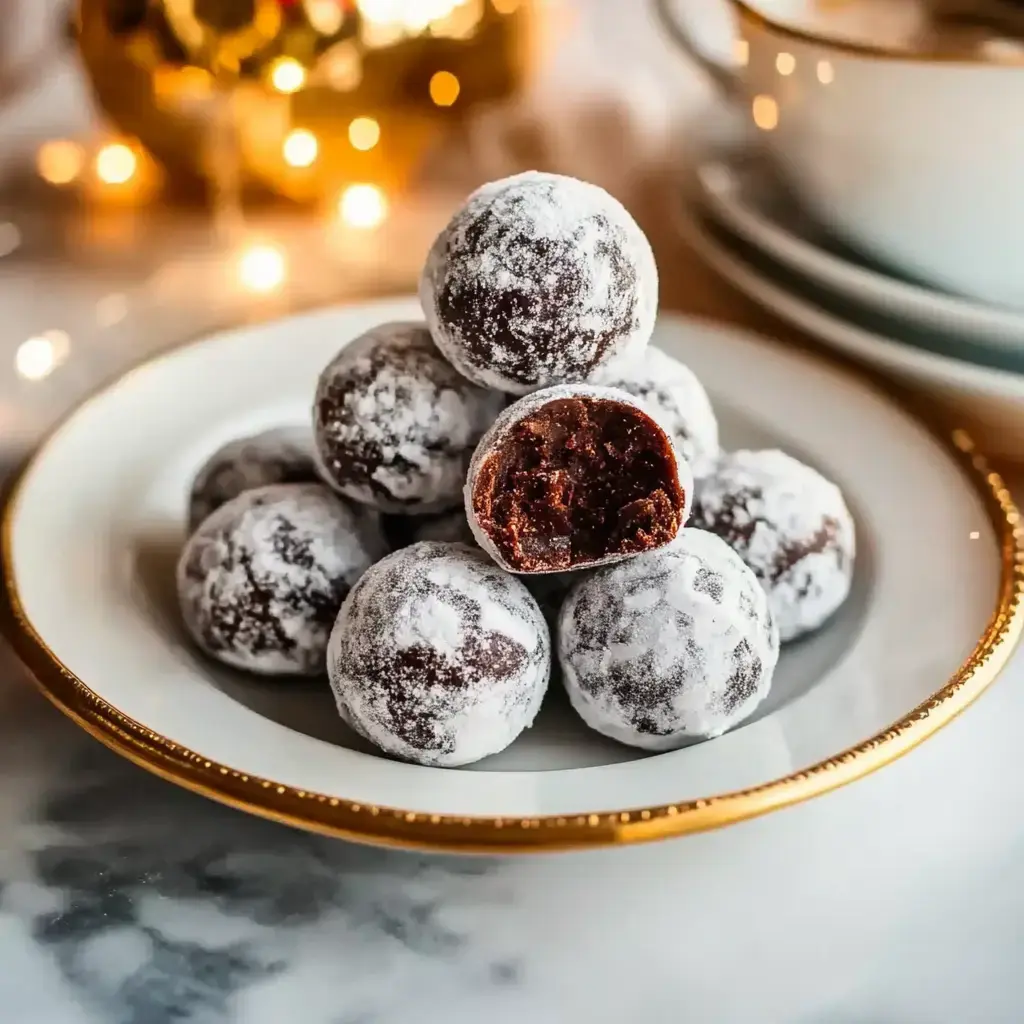 A plate with sugar-coated chocolate balls, one cut open to show a soft, chocolatey filling.