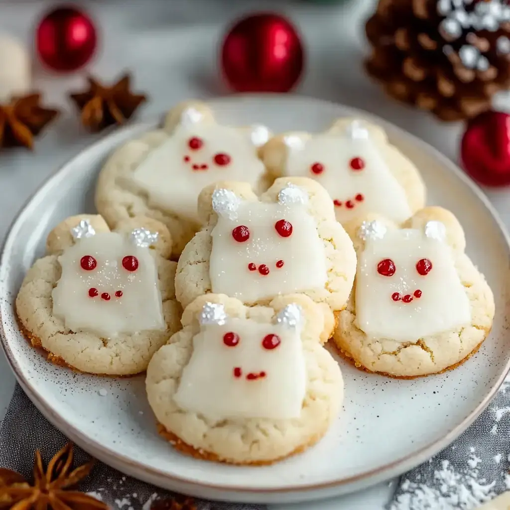 Cute white bear cookies with frosted faces, simple decorations, and colorful sprinkles, arranged on a joyful plate.