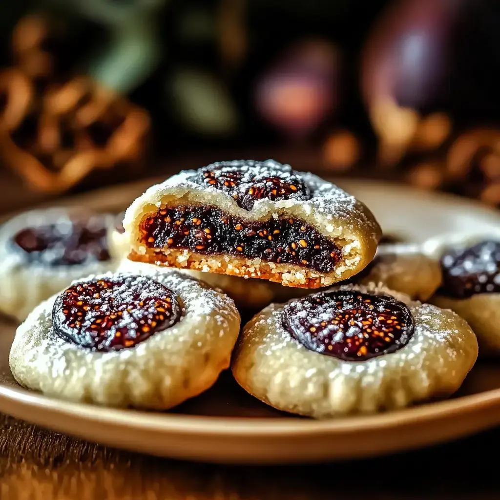 Homemade cookies packed with a fig center, dusted with powdered sugar, one sliced open to show the insides.