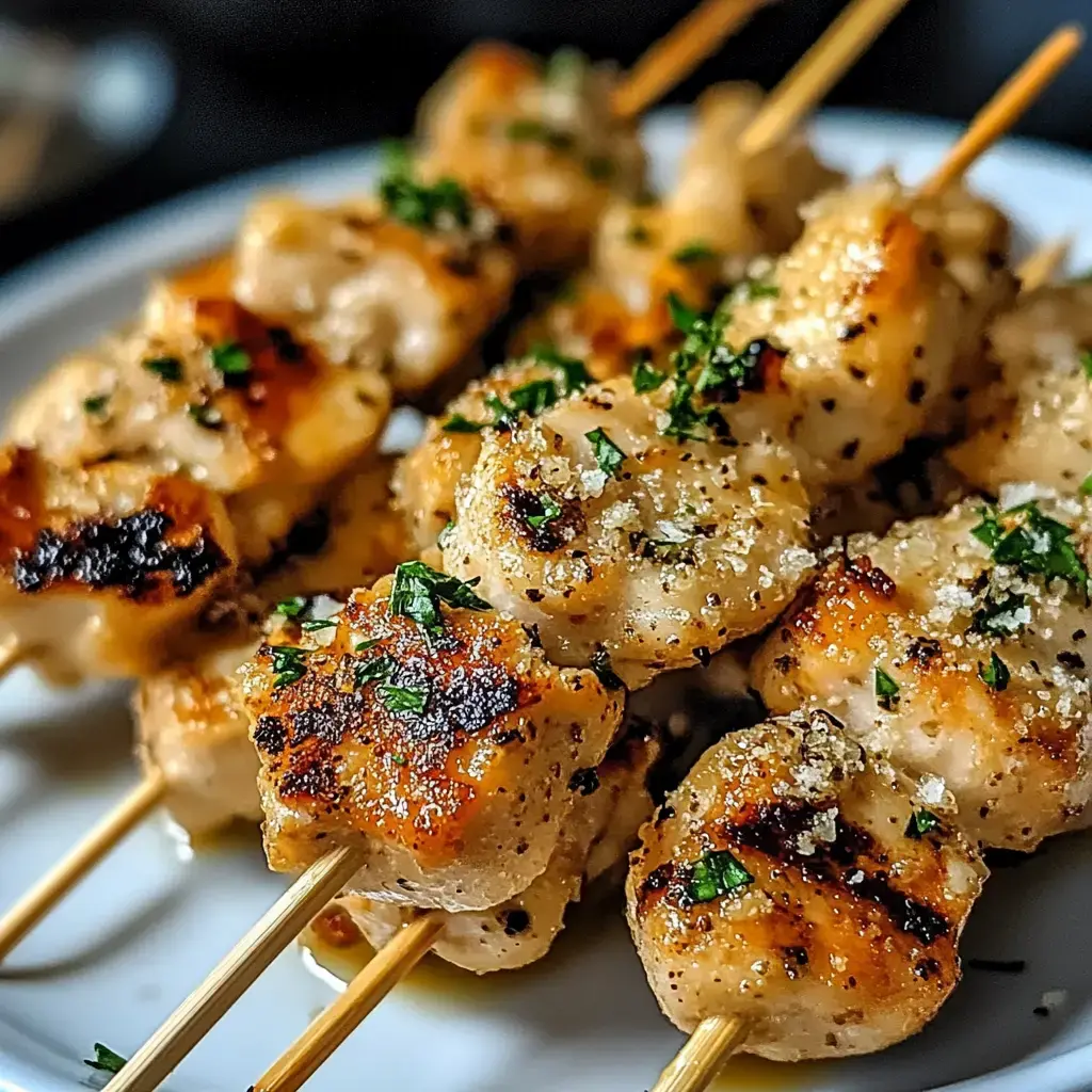 Tender grilled chicken skewers topped with fresh herbs served on a white plate.