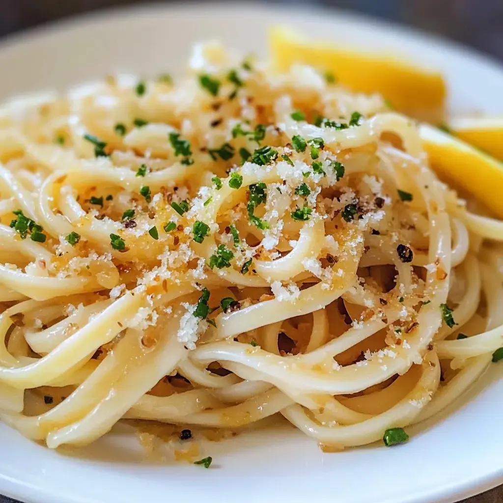 Linguine pasta close-up with grated cheese, fresh herbs, and lemon slices on the side.
