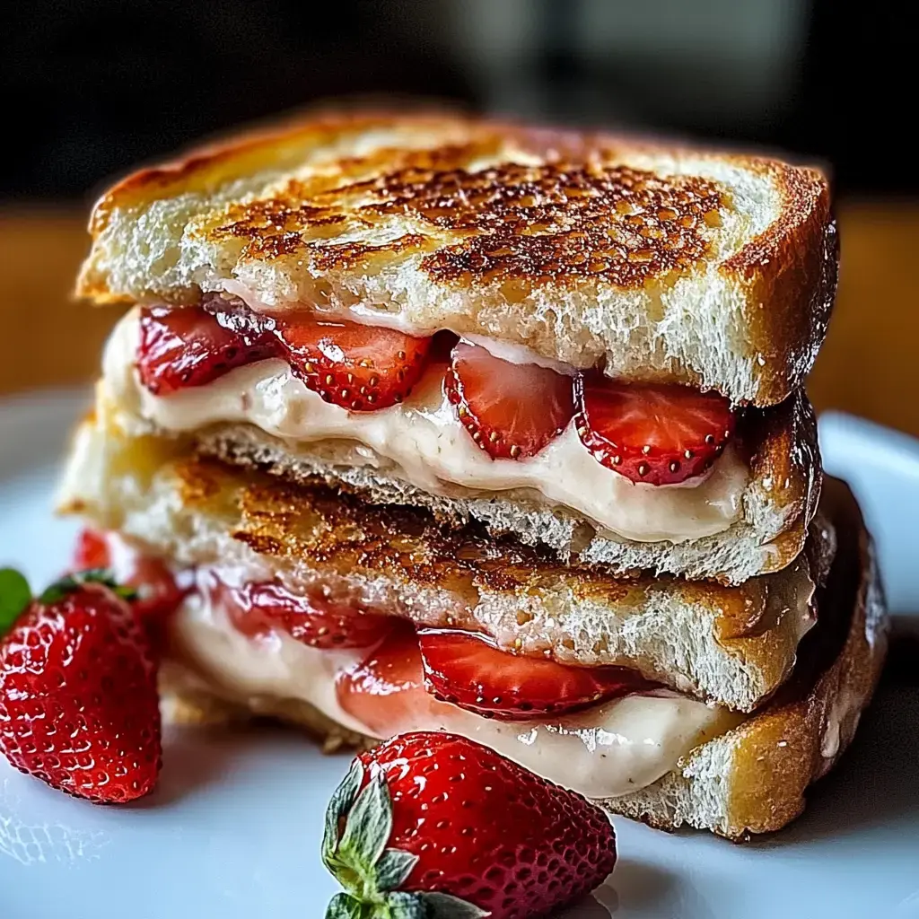 A sweet sandwich packed with cream and strawberries, garnished with fresh strawberries alongside.