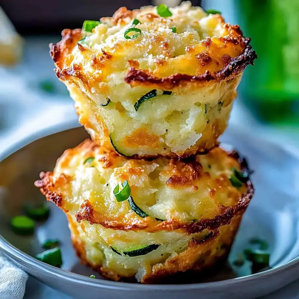Two stacked zucchini potato bites garnished with chopped green onions.