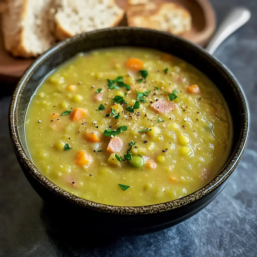 A steaming bowl of vibrant green split pea soup topped with parsley, surrounded by bread slices.