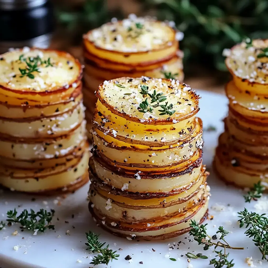A dish filled with perfectly stacked potato slices, crispy and golden with a sprinkle of herbs.
