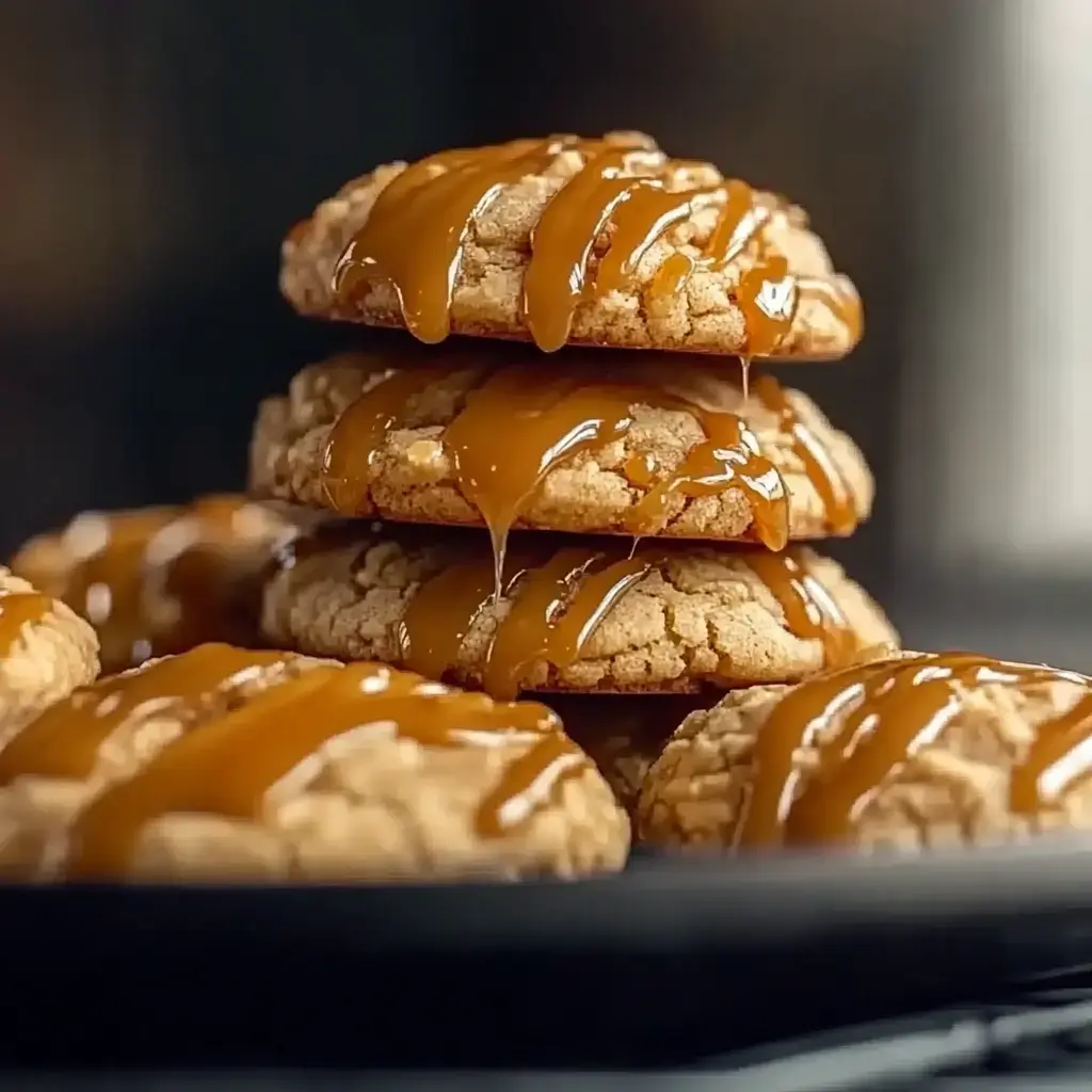Three caramel-drizzled cookies stacked on a plate with a few more scattered close by.