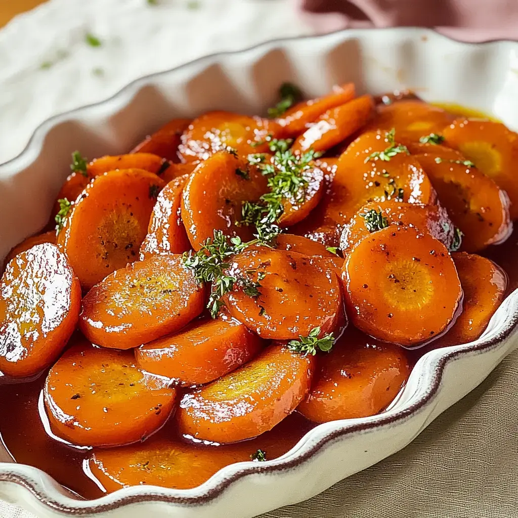 Sliced carrots glistening in a rich glaze, topped with fresh herbs.