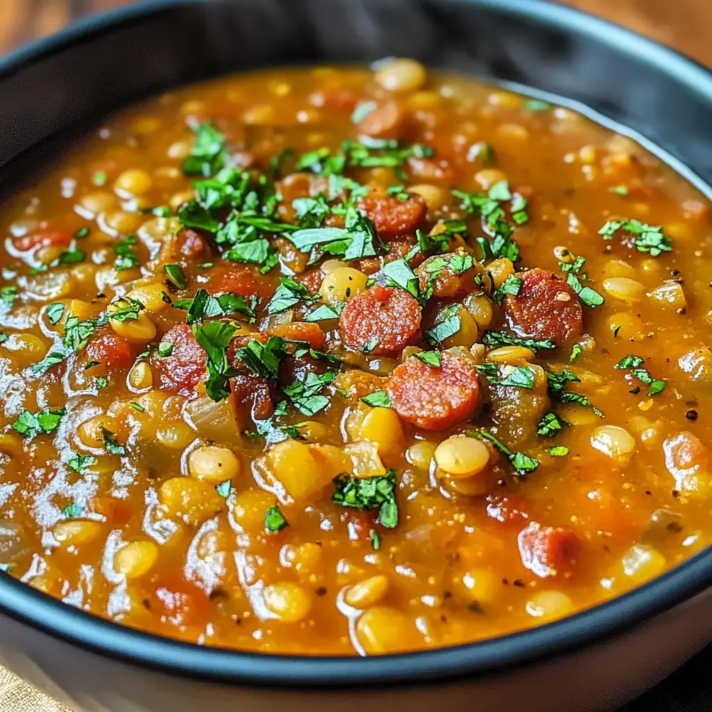 Close-up of a hearty lentil soup bowl topped with fresh herbs.