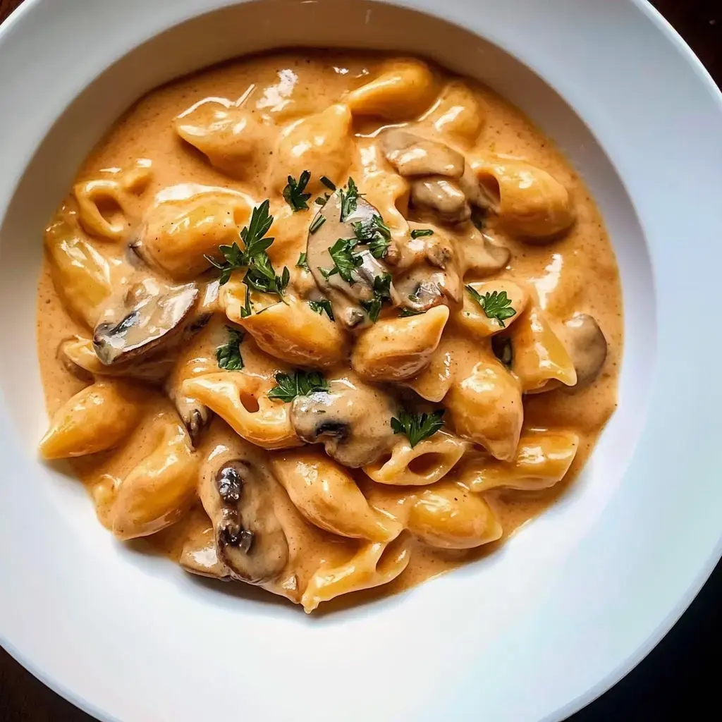 Creamy pasta bowl with mushrooms and parsley, served in white dish.