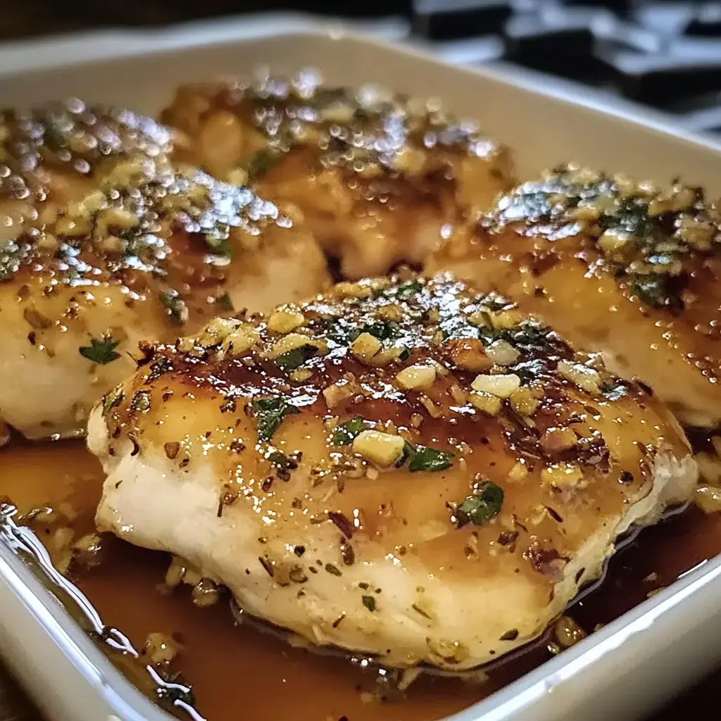 Close-up of flavorful chicken dressed in a garlic brown sugar sauce with fresh herbs on top.