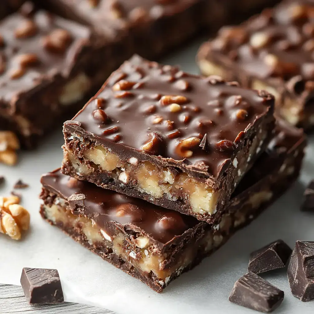 Stacked chocolate-filled bars with nuts and a creamy coconut layer, surrounded by loose chocolate and nuts on a bright surface.