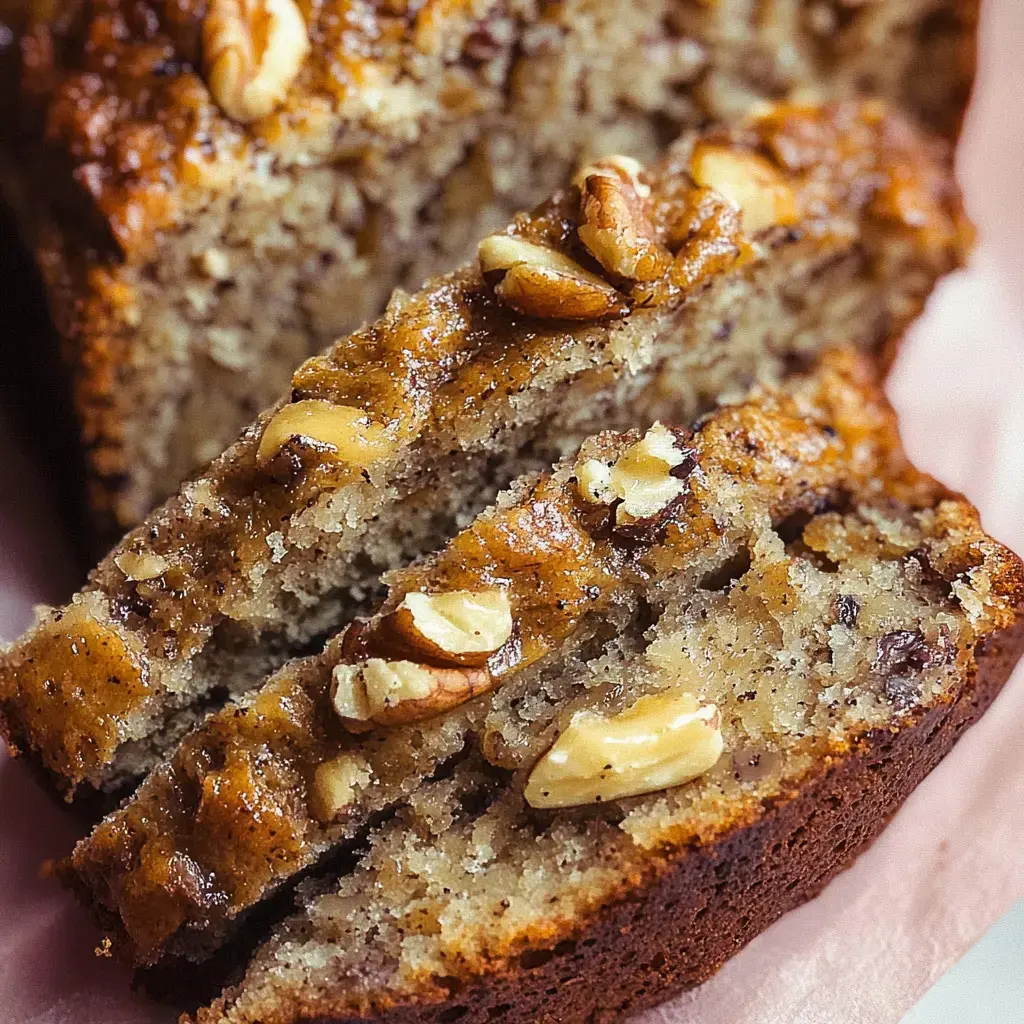 Close-up of banana loaf slices with walnuts on top.