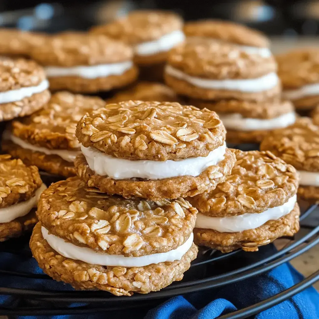 Close-up of stacked oatmeal sandwich cookies on a dark cooling rack.