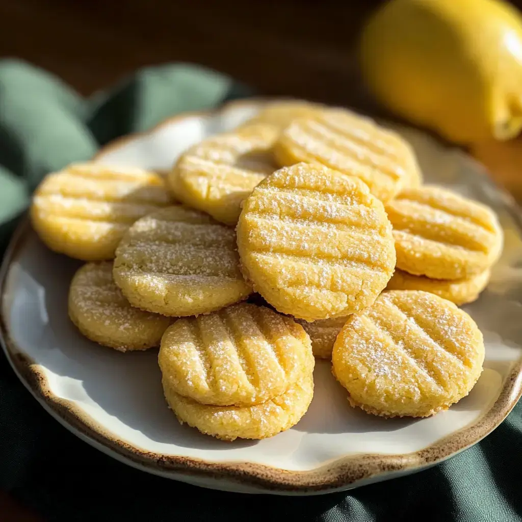 Golden lemon cookies arranged neatly on a wooden board with a lemon backdrop.