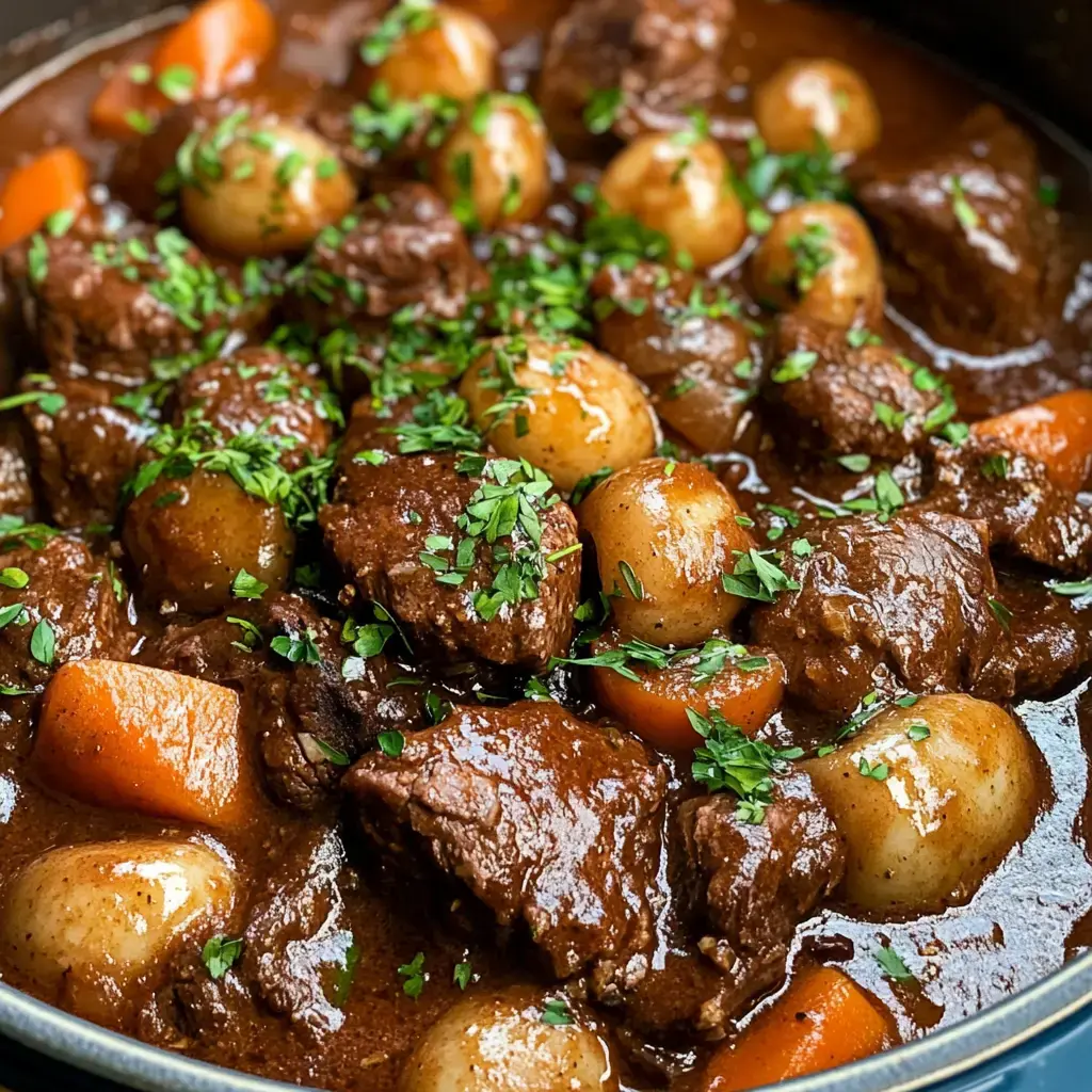 Close-up of hearty beef stew with beef chunks, carrots, baby potatoes, and parsley on top.