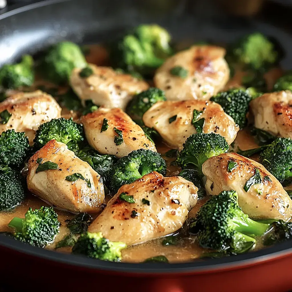 Tender chicken chunks mix with bright green broccoli in a savory pan sauce.