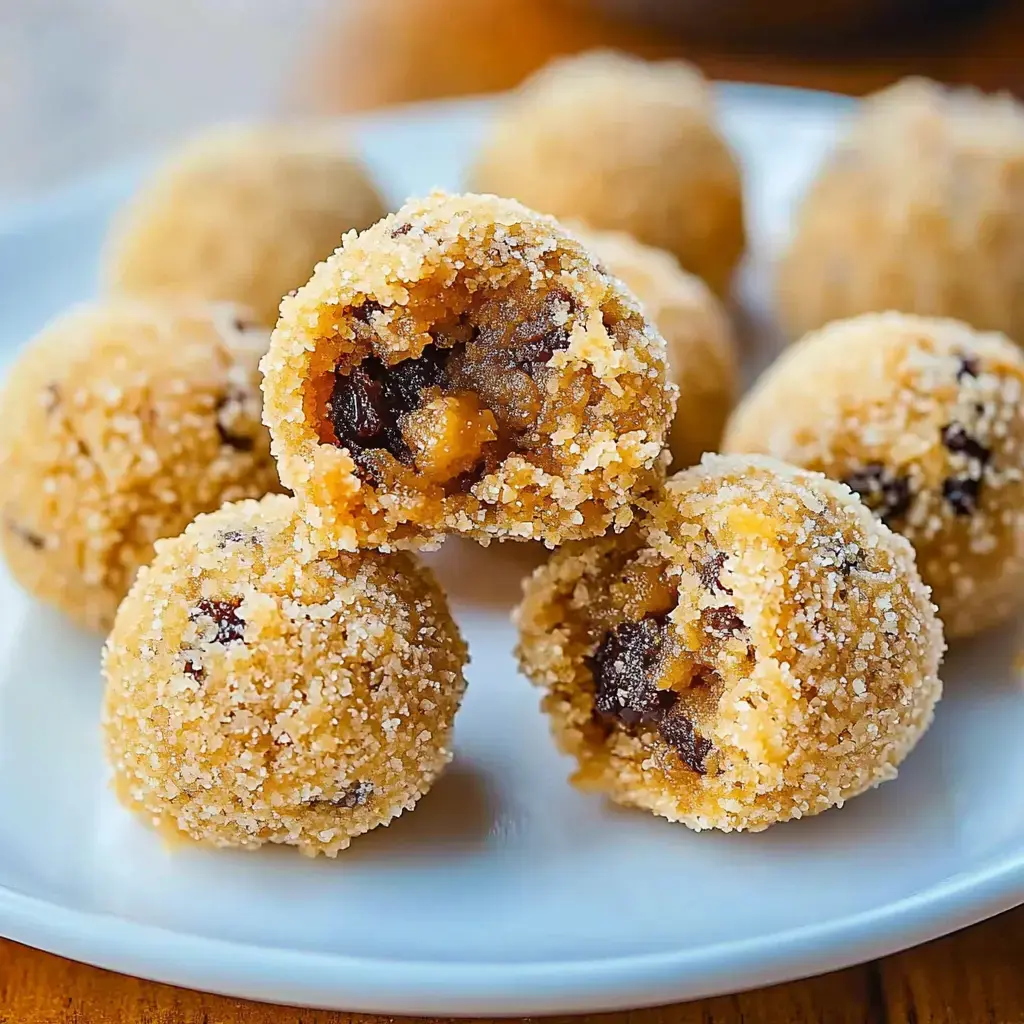 A close-up of a plate showing round, golden-brown sweet balls dusted with sugar, one split open revealing a chewy inside with chocolate bits.