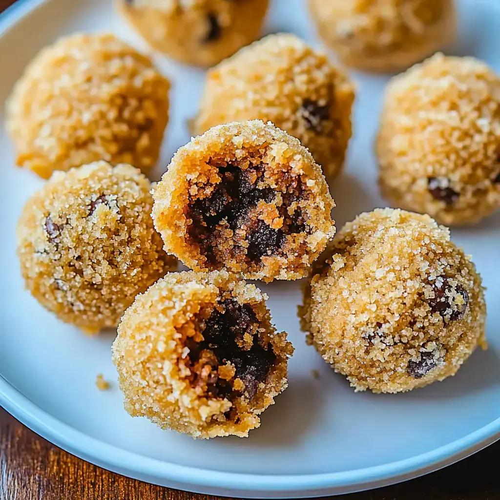 A dish of tiny, round, crumb-covered treats with one cut in half showing chocolate inside.