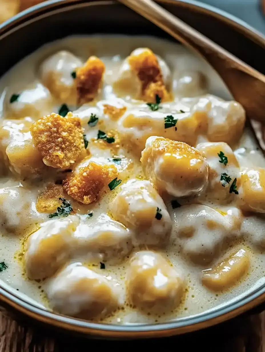 A bowl of velvety gnocchi topped with crunchy bits and fresh parsley, shown up close.