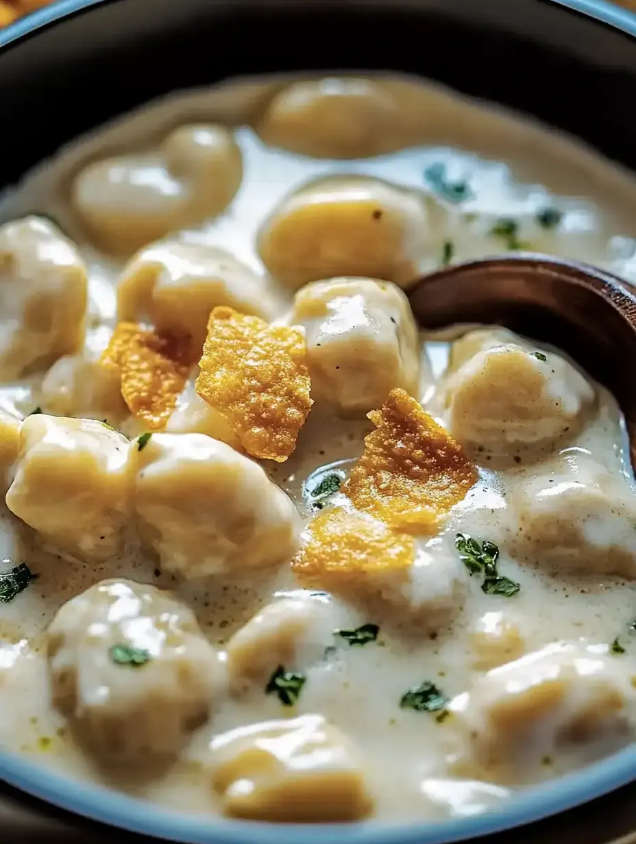 A dish of smooth gnocchi garnished with crispy flakes and green herbs.