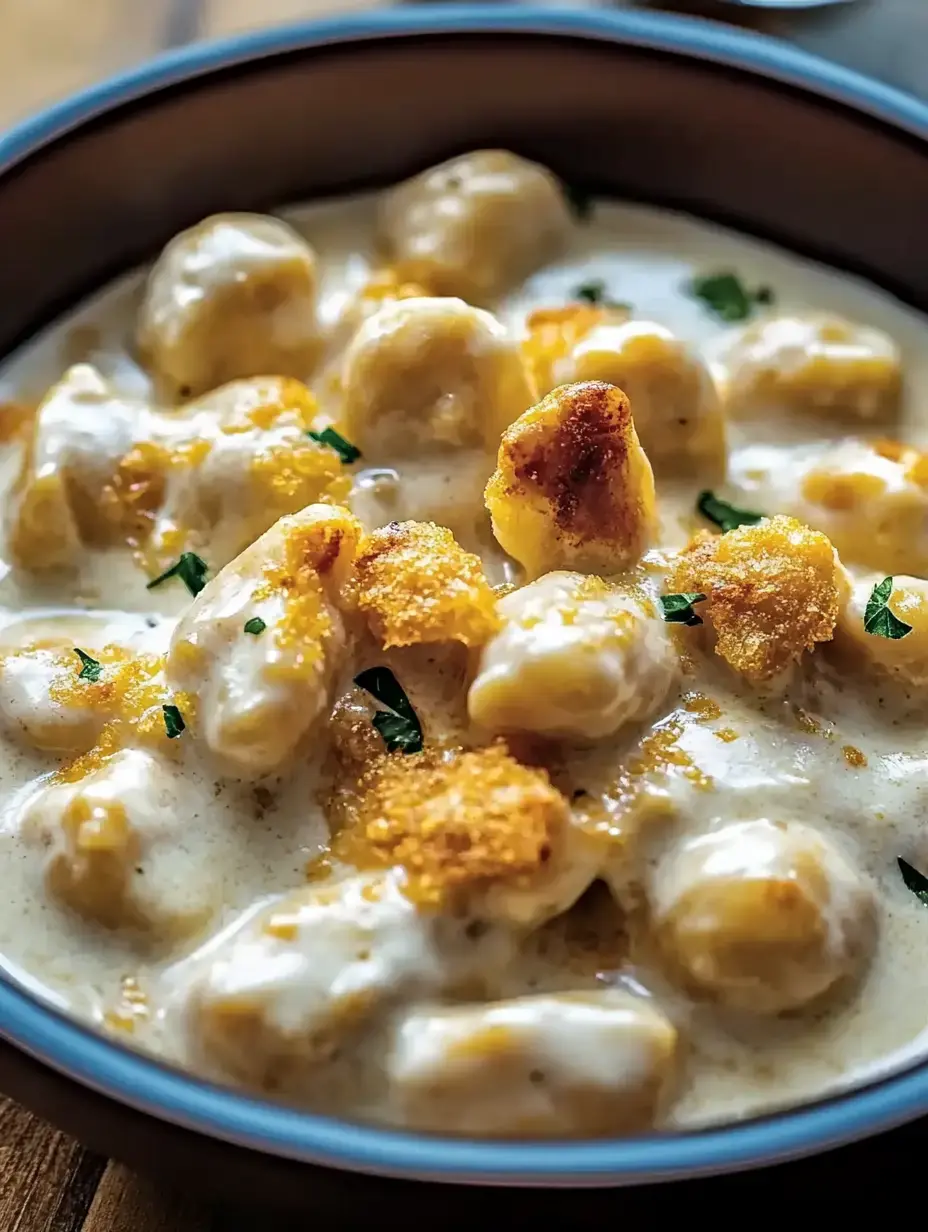 A serving of rich gnocchi with toasted golden crumbs and fresh green herbs.
