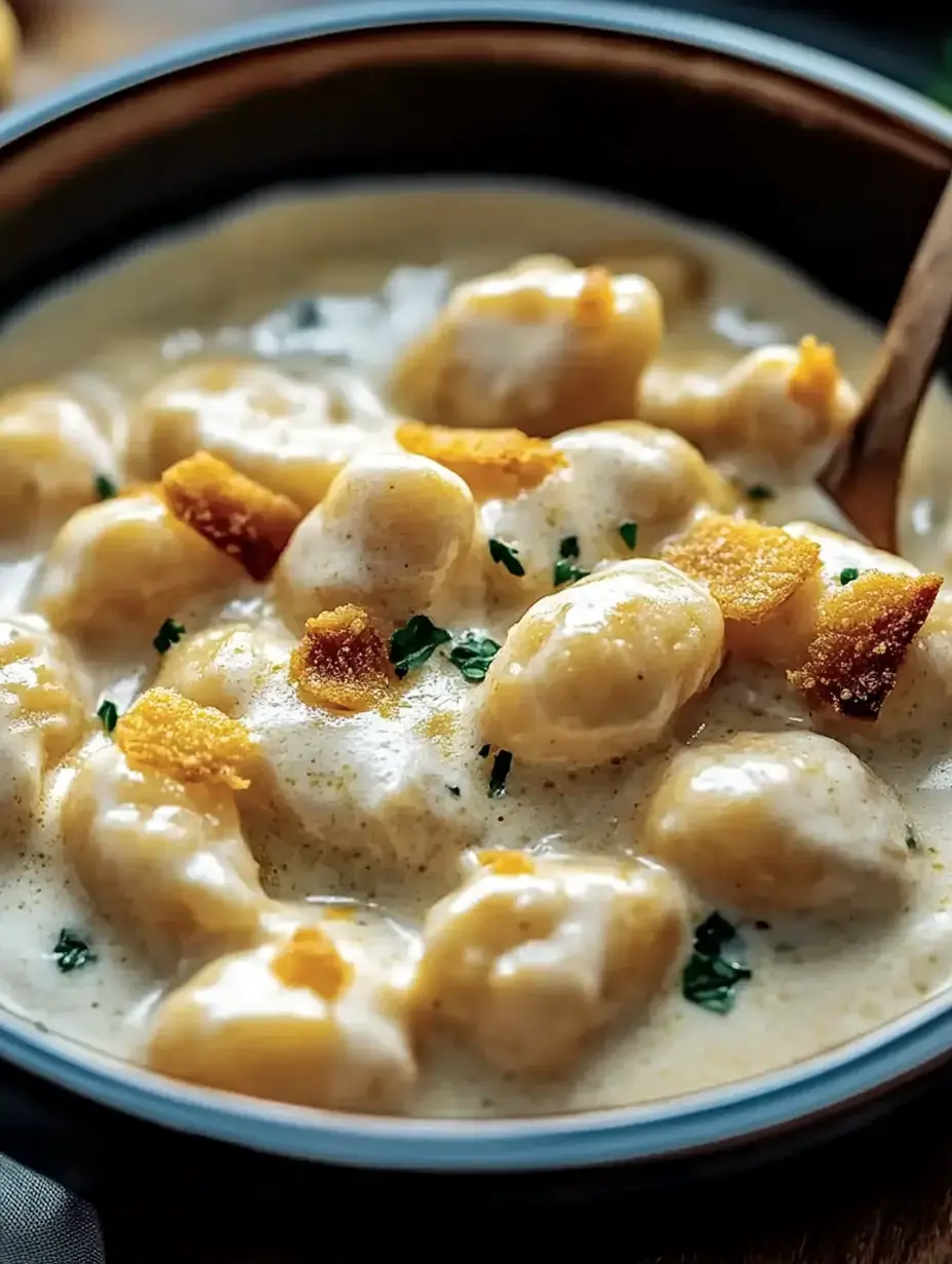 A bowl of smooth gnocchi topped with crunchy bits and fresh parsley.