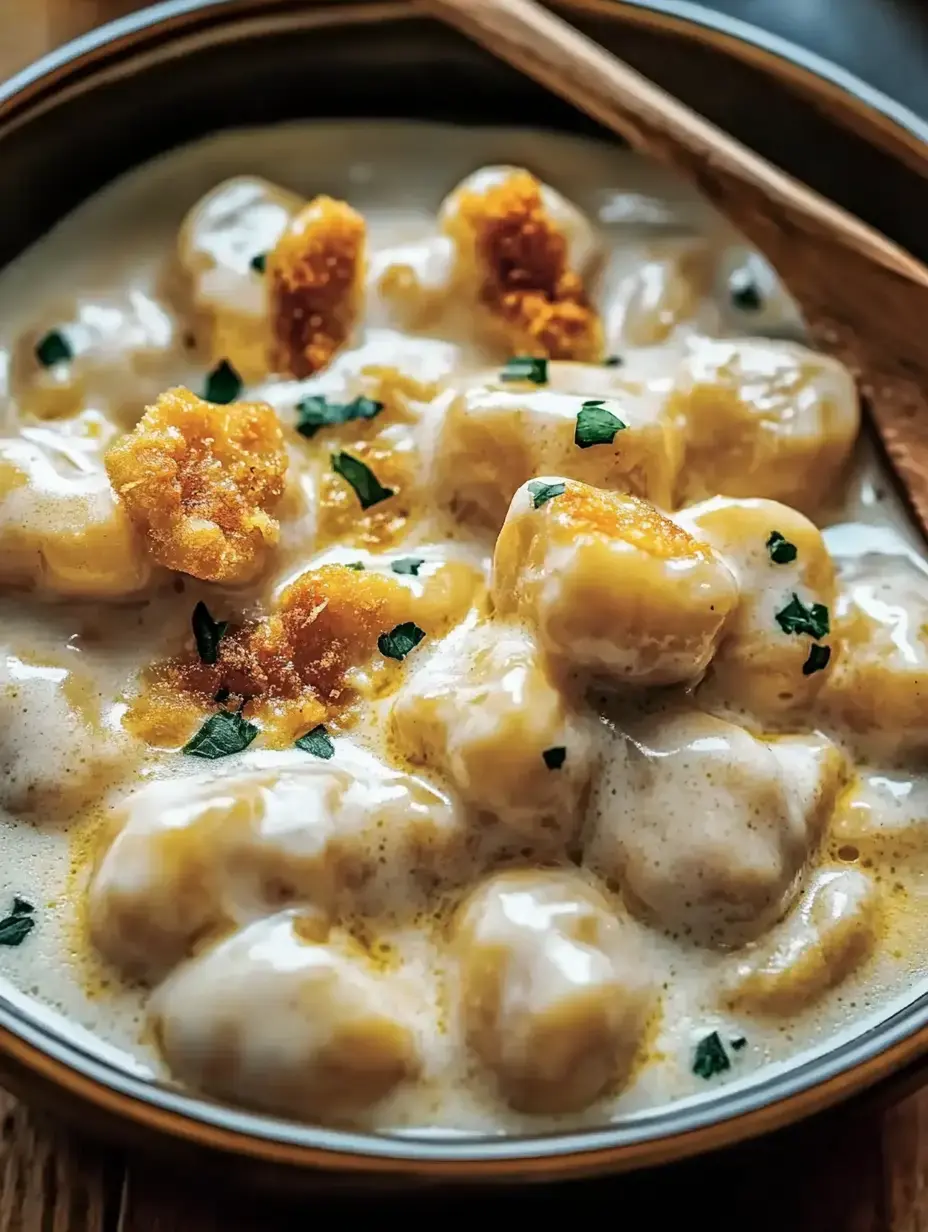 A serving of creamy gnocchi garnished with crispy pieces and green parsley.
