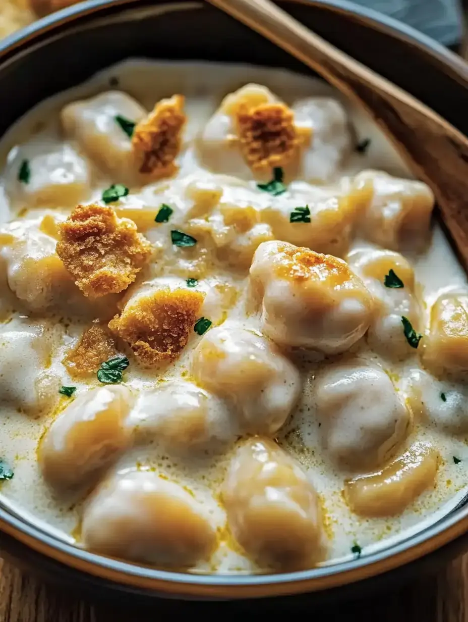 A detailed view of velvety gnocchi in a bowl with crunchy topping and parsley garnish.