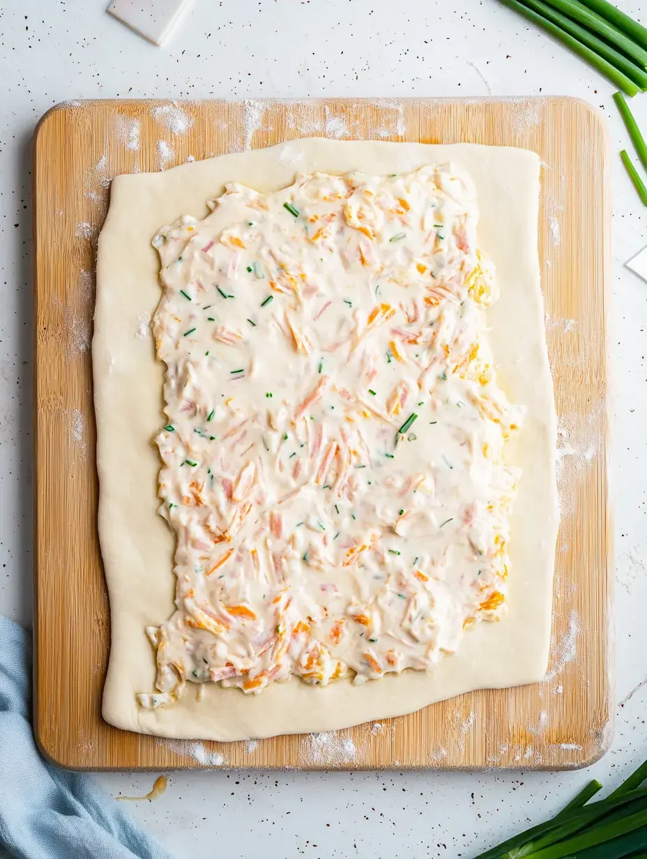 Flat dough on wooden board covered with creamy mixture containing shredded cheese, chopped herbs and colorful veggies.