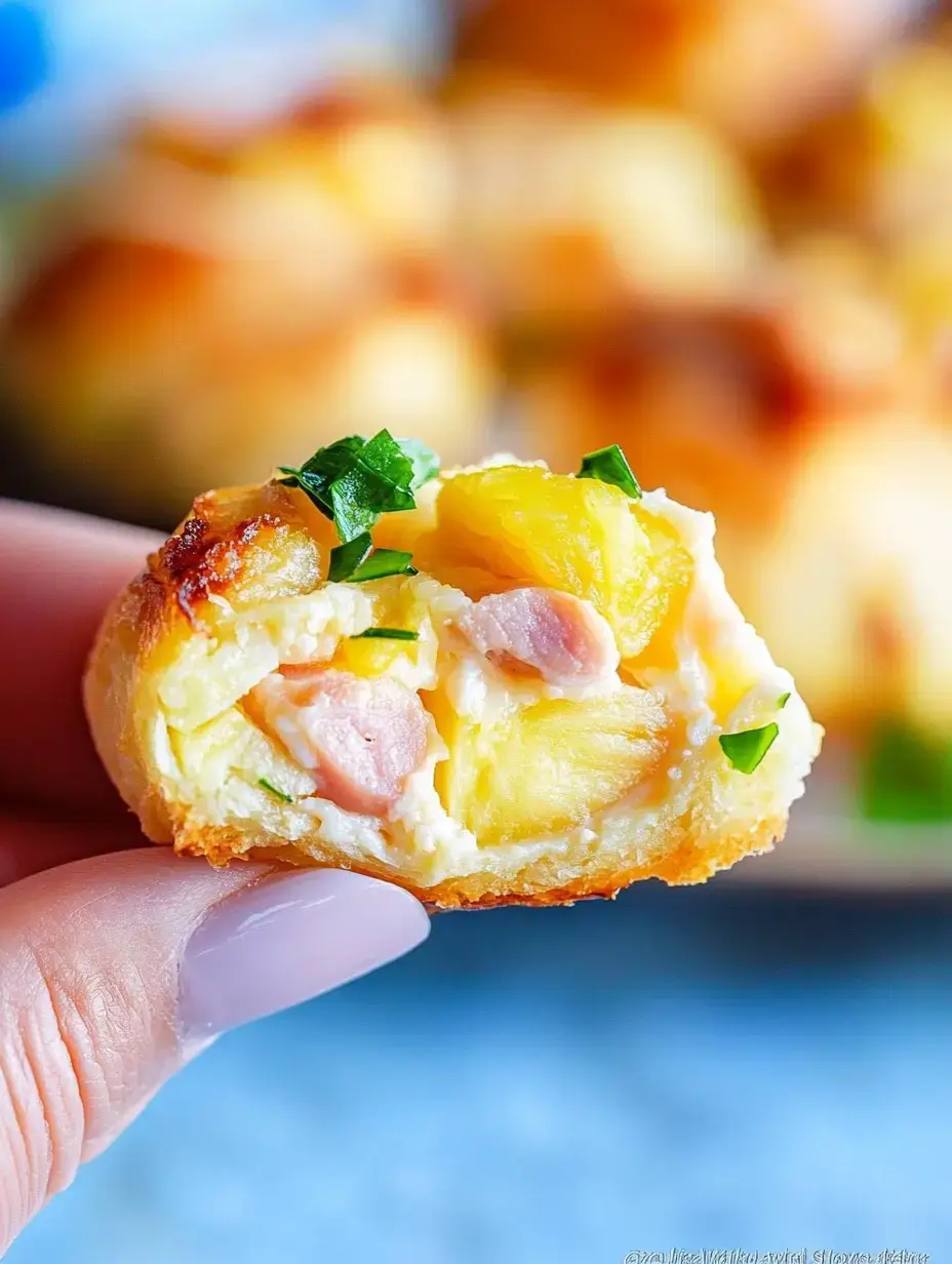 Someone holding a small baked pastry bite filled with ham chunks, pineapple pieces and green herbs shown in closeup.