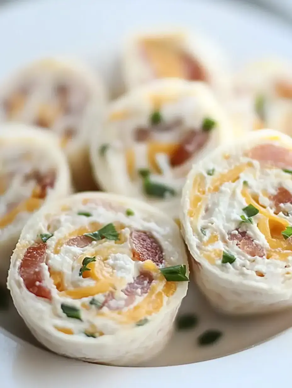 A close-up of circular tortilla pinwheels filled with cream cheese, cheddar cheese, and bits of bacon, garnished with green onions.