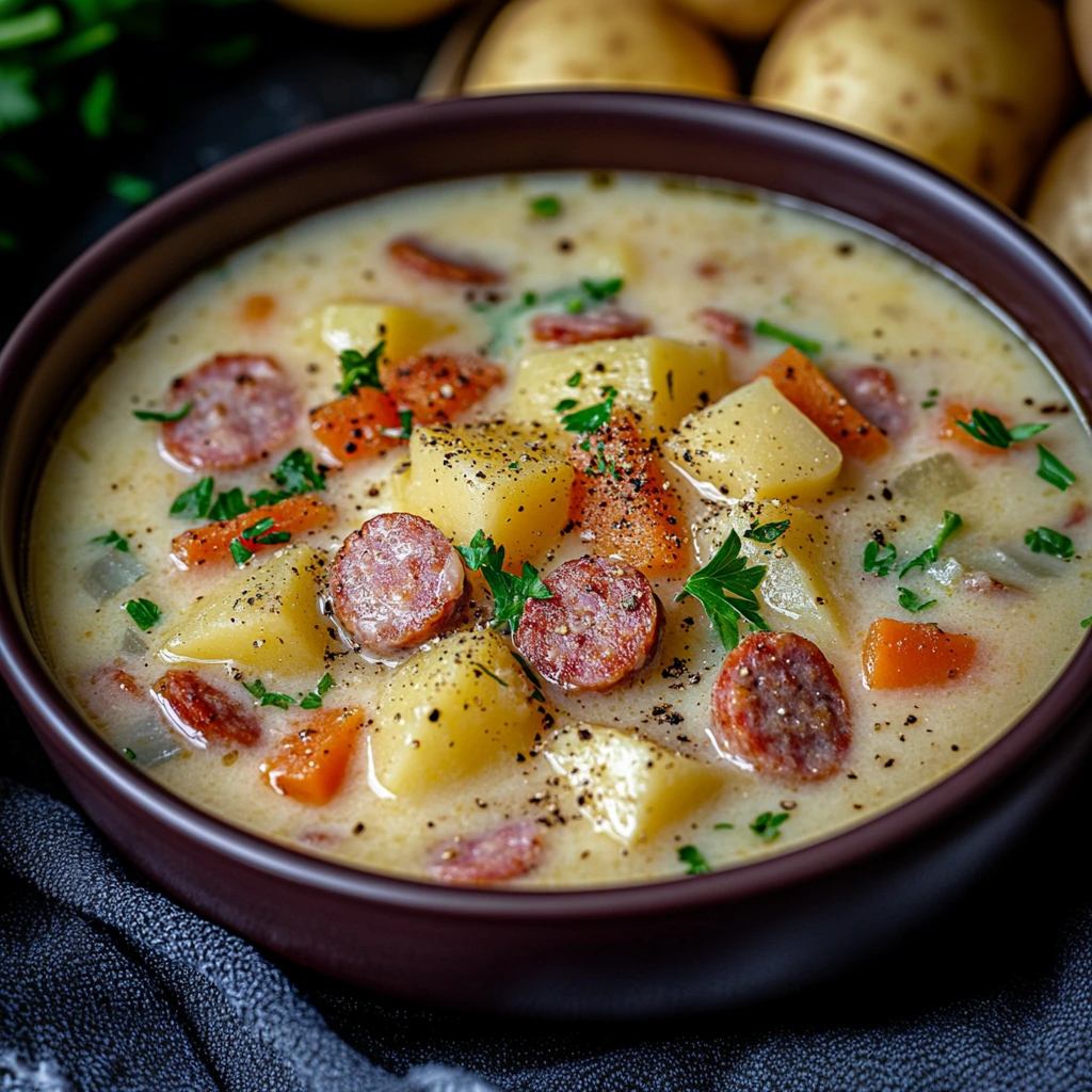 Warm Kielbasa Potato Soup with tender potatoes and savory sausage in a rich base.
