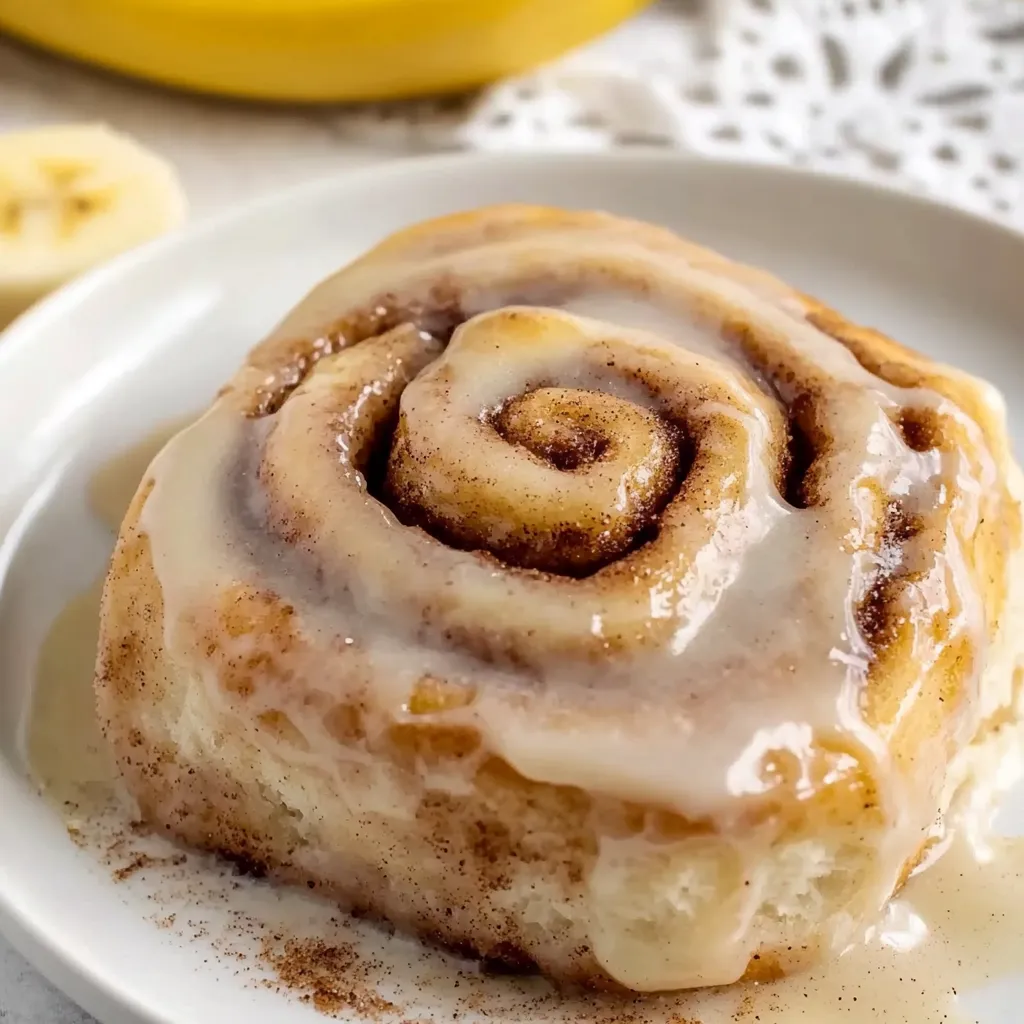 Stacked banana cinnamon rolls covered in drizzled frosting with a hint of cinnamon topping.