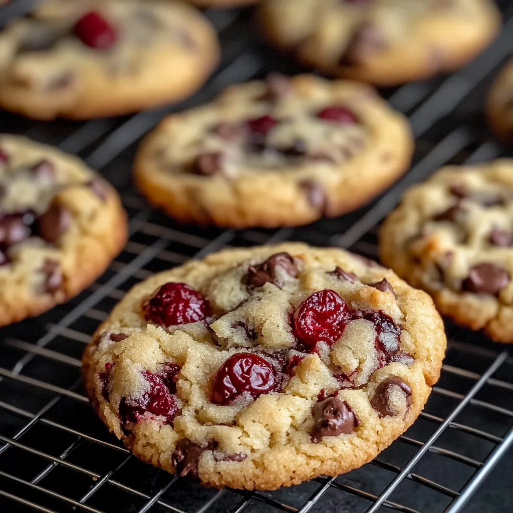 A batch of tasty maraschino cherry chocolate chip cookies showing sweet cherry bits mixed with chunks of rich chocolate throughout each cookie.