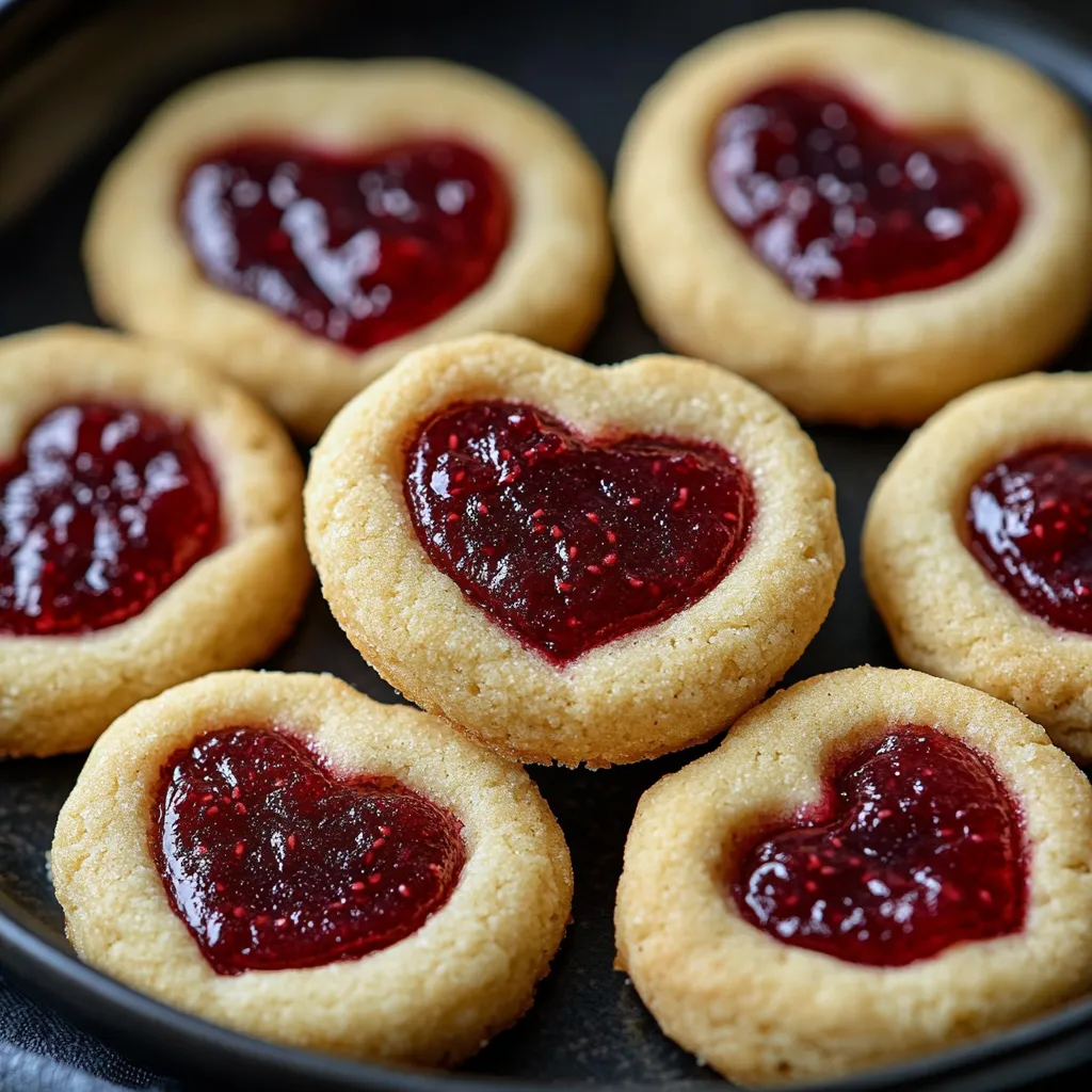 Close-up of cookies with heart-shaped raspberry jam centers, perfect as a thoughtful treat for any gathering.