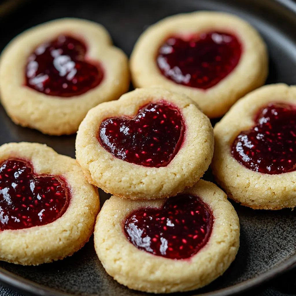 Heart-shaped cookies with a glossy raspberry jam filling, perfect for a sweet and romantic dessert.