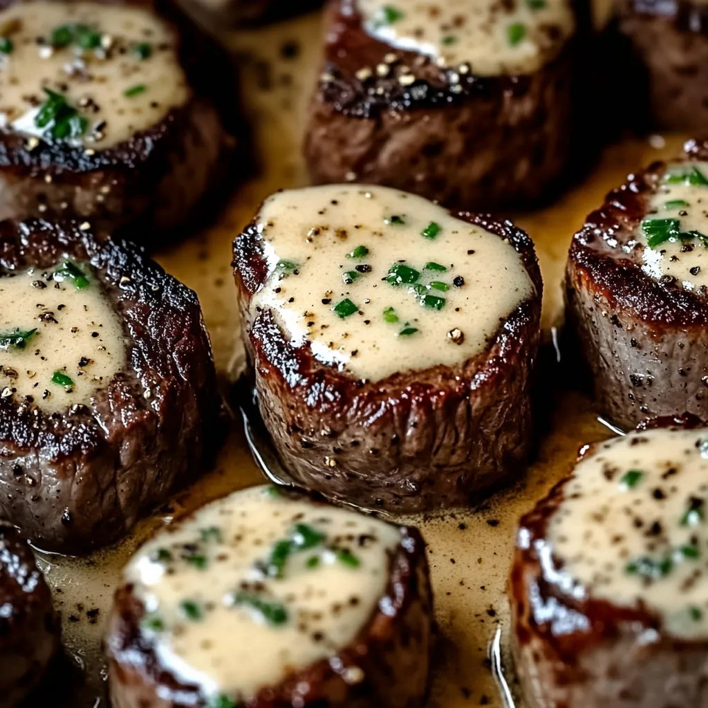 Steak bites in parmesan cream with garlic butter