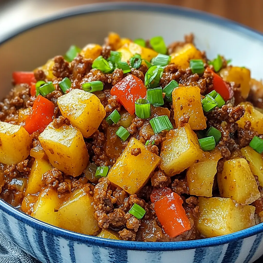 A savory dish featuring seasoned ground beef mixed with tender potatoes, creating a hearty and satisfying meal.