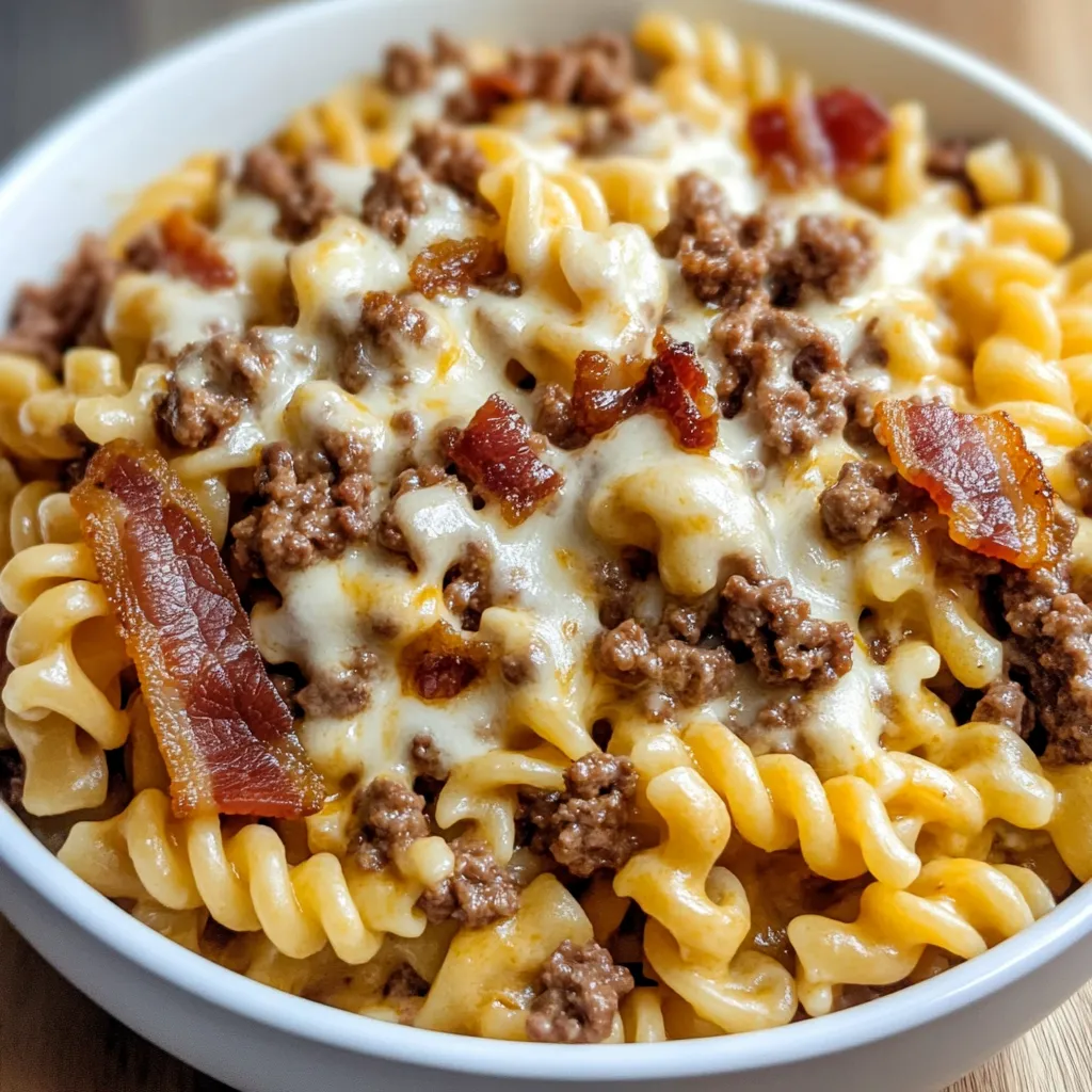 A scrumptious bowl of pasta mixed with bacon, burger fixings, and smooth sauce, making a cozy dinner option.