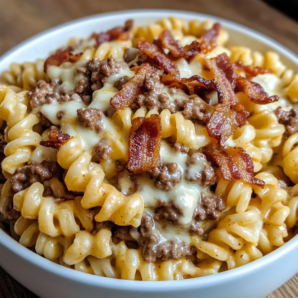 A tasty pasta dish packed with bacon, burger components, and gooey cheese in a rich creamy sauce.