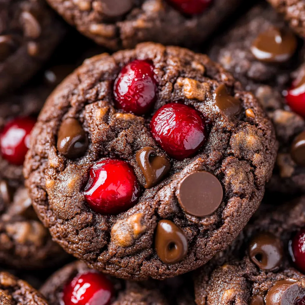 Close-up of a chocolate cherry cookie showing its rich chunks and cherries.