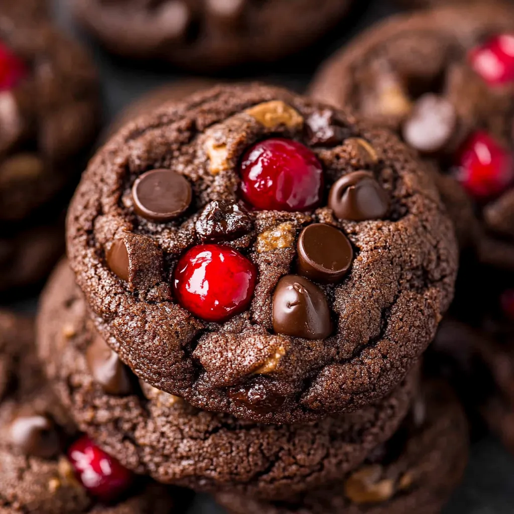 Close-up of a Black Forest chocolate chip cranberry cookie, featuring chunks of chocolate and bright cranberry bits.