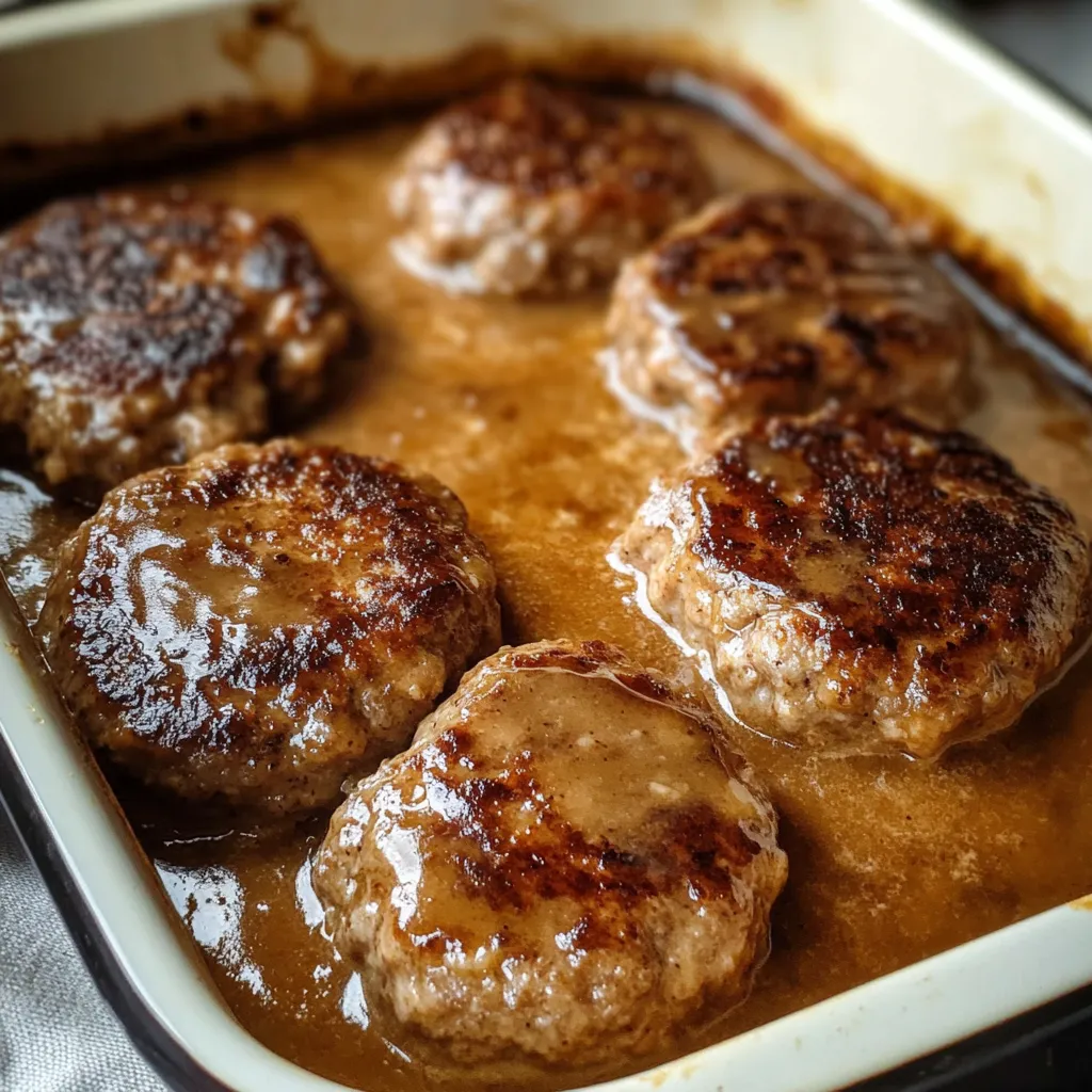 A baking dish filled with tender beef patties, showcasing a homey, wallet-friendly meal called poor man's steak.