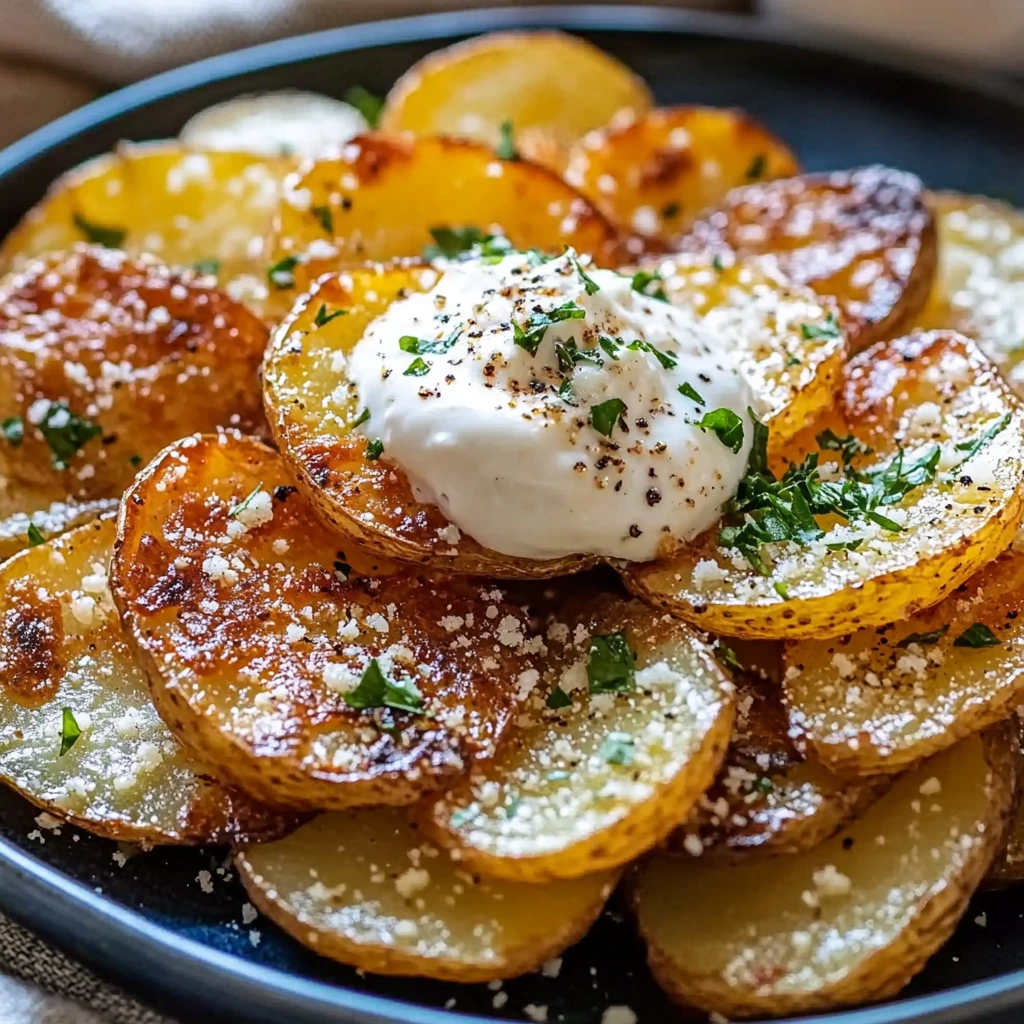Crispy smashed potatoes with Parmesan, accompanied by a rich garlic dip for dipping.