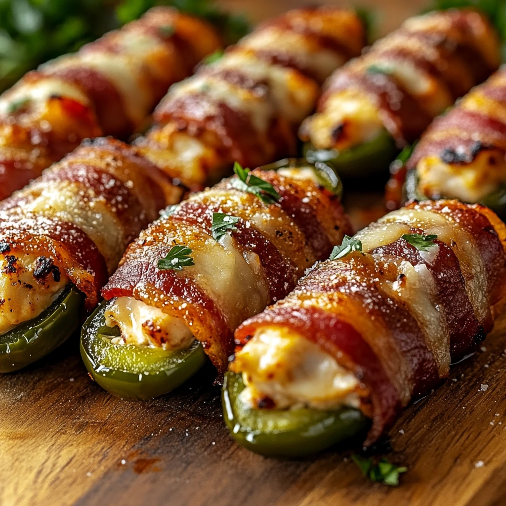 Cheesy stuffed jalapeños wrapped in crispy bacon make an irresistible appetizer.