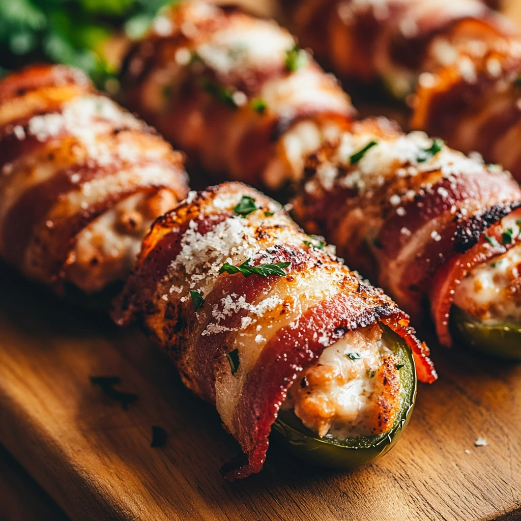 Savory bacon-wrapped jalapeño poppers blend heat and flavor.