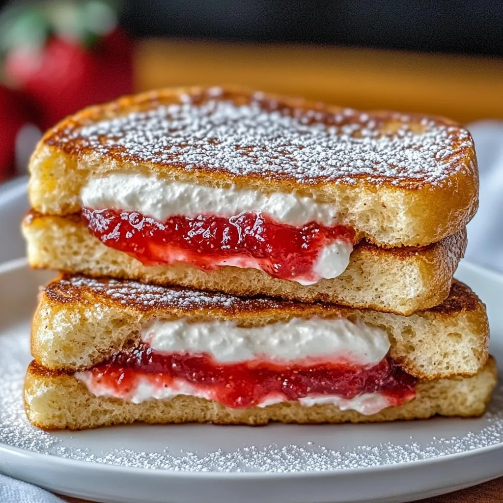 Golden fried strawberry cheesecake sandwich with a creamy, fruity filling.