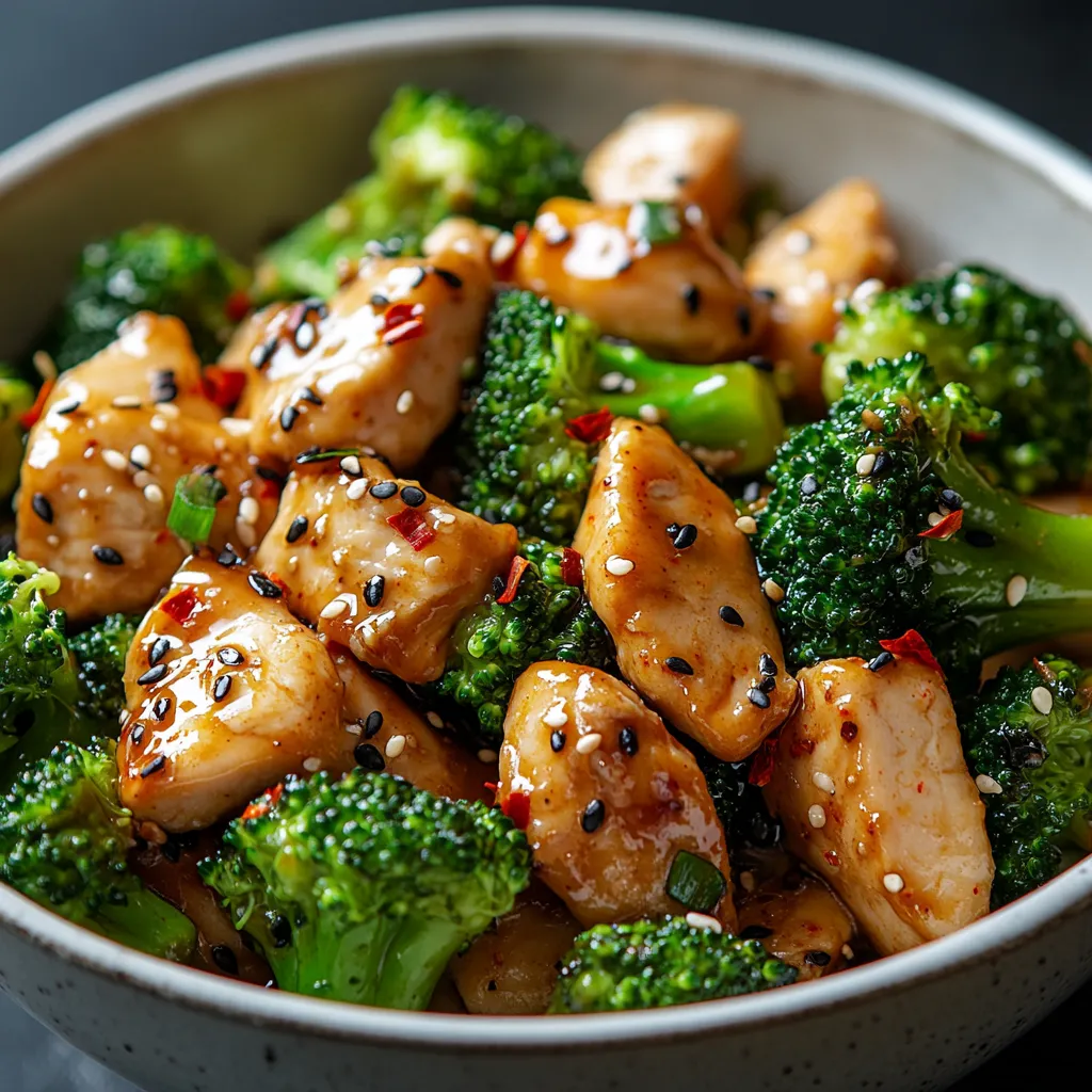 A bowl of chicken and broccoli with a spicy sauce.