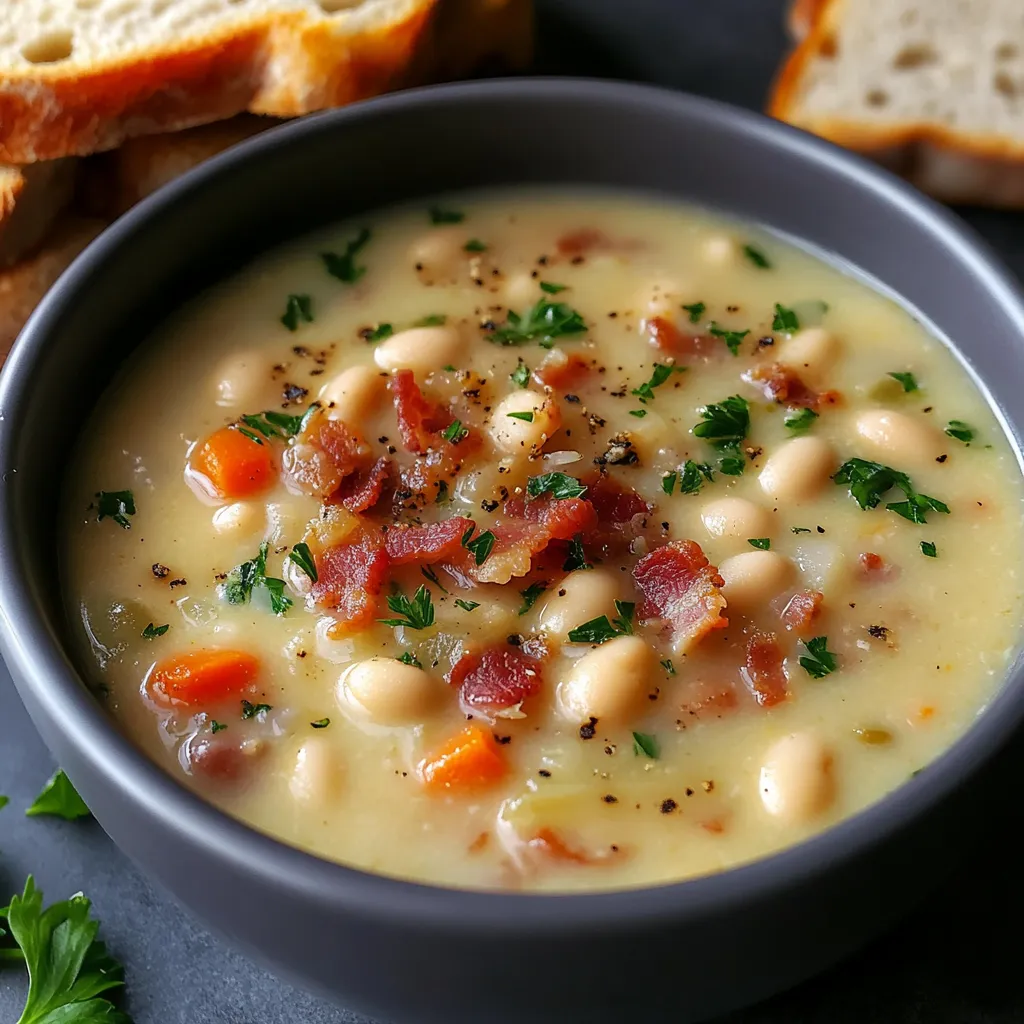 Warm Bean Soup topped with Crispy Bacon